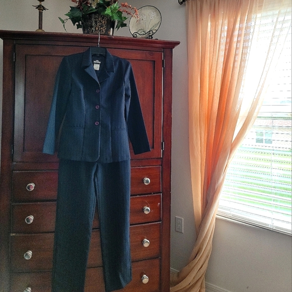 Jodi Kristopher Dark Navy Blue Pinstripe Pants Suit